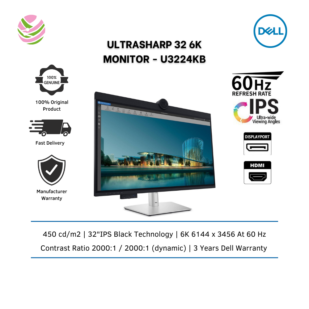 Dell U3224KB UltraSharp 32" 6K 6144 x 3456 IPS LED Monitor with 100% sRGB, Webcam, Speakers (HDMI, Mini DP, USB C, LAN)