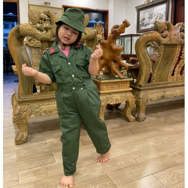 (Có Sẵn) Đồ Bộ Đội Cho Bé Trai Bé Gái Quần Dài Tay Ngắn Tặng Kèm Nón Bèo