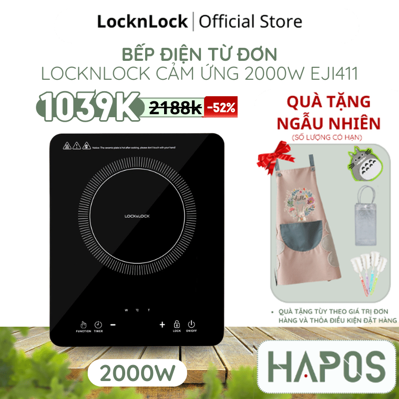 Bếp điện từ locknlock eji411 2000w cảm ứng 8 mức nhiệt không bức xạ mặt kính pha lê chống trầy cao cấp - hapos official