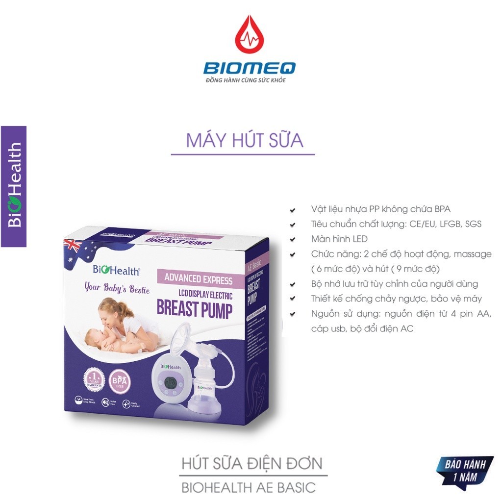 Máy hút sữa điện đơn Biohealth AE Basic chất liệu không BPA an toàn cho bé, hút và mát xa êm ái cho mẹ