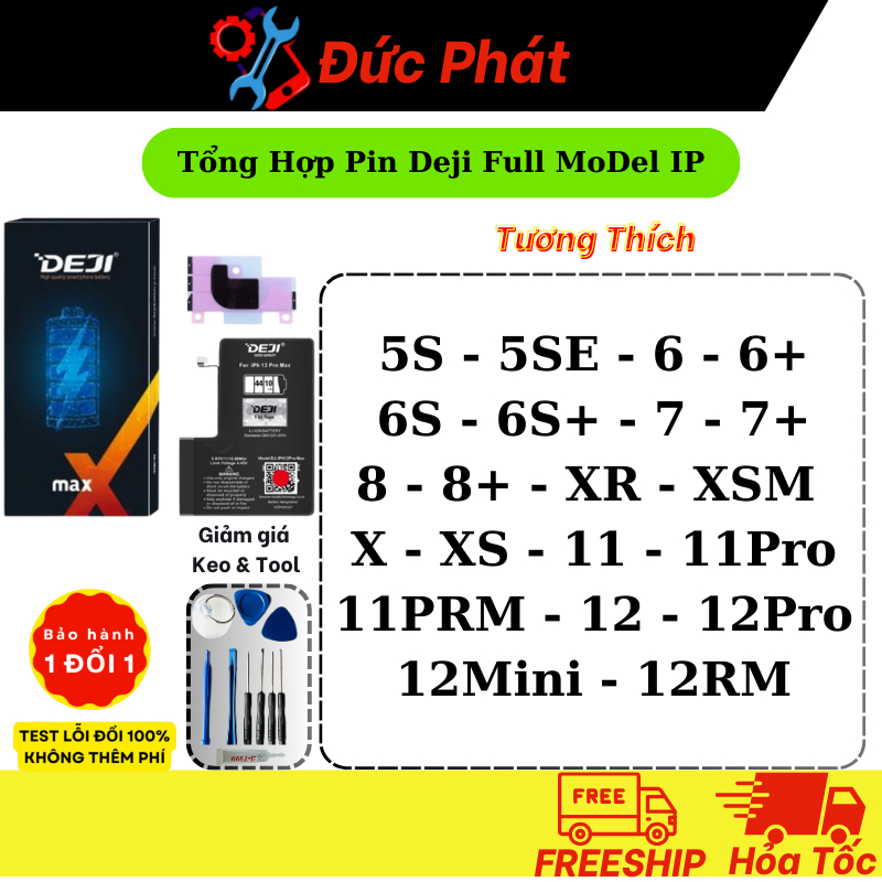 Pin Deji Dung Lượng Cao dành cho ip  5 5s 5c 5se 6 6s 7 8 8 plus X XR XS XSM 11 12 Pro DLC