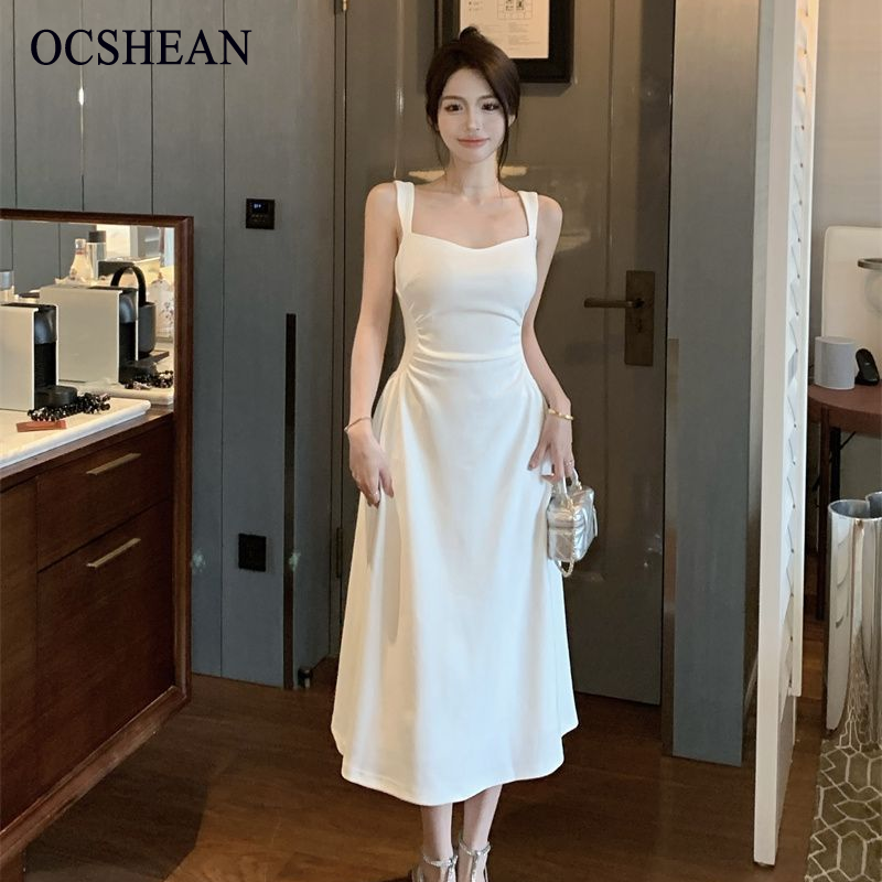 OCSHEAN กระโปรงยาวสีดำและสีขาวแบบใหม่กระโปรงผู้หญิงกระโปรงสายเดี่ยวเก็บเอวสไตล์ฝรั่งเศสใส่แล้วดูผอม ราคา 143 บาท*ส่งฟรี