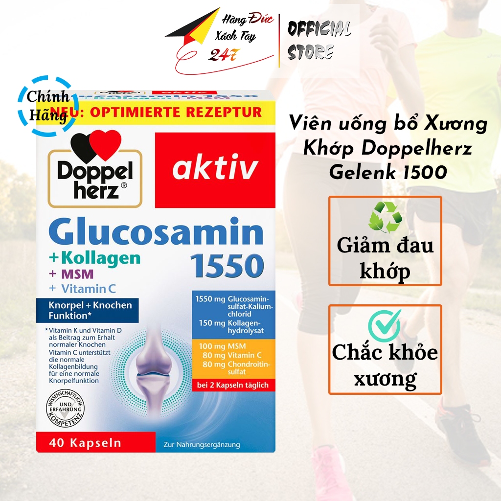 Viên uống xương khớp Glucosamine Doppelherz chắc khỏe xương, bôi trơn giảm đau khớp Hàng Đức 40V