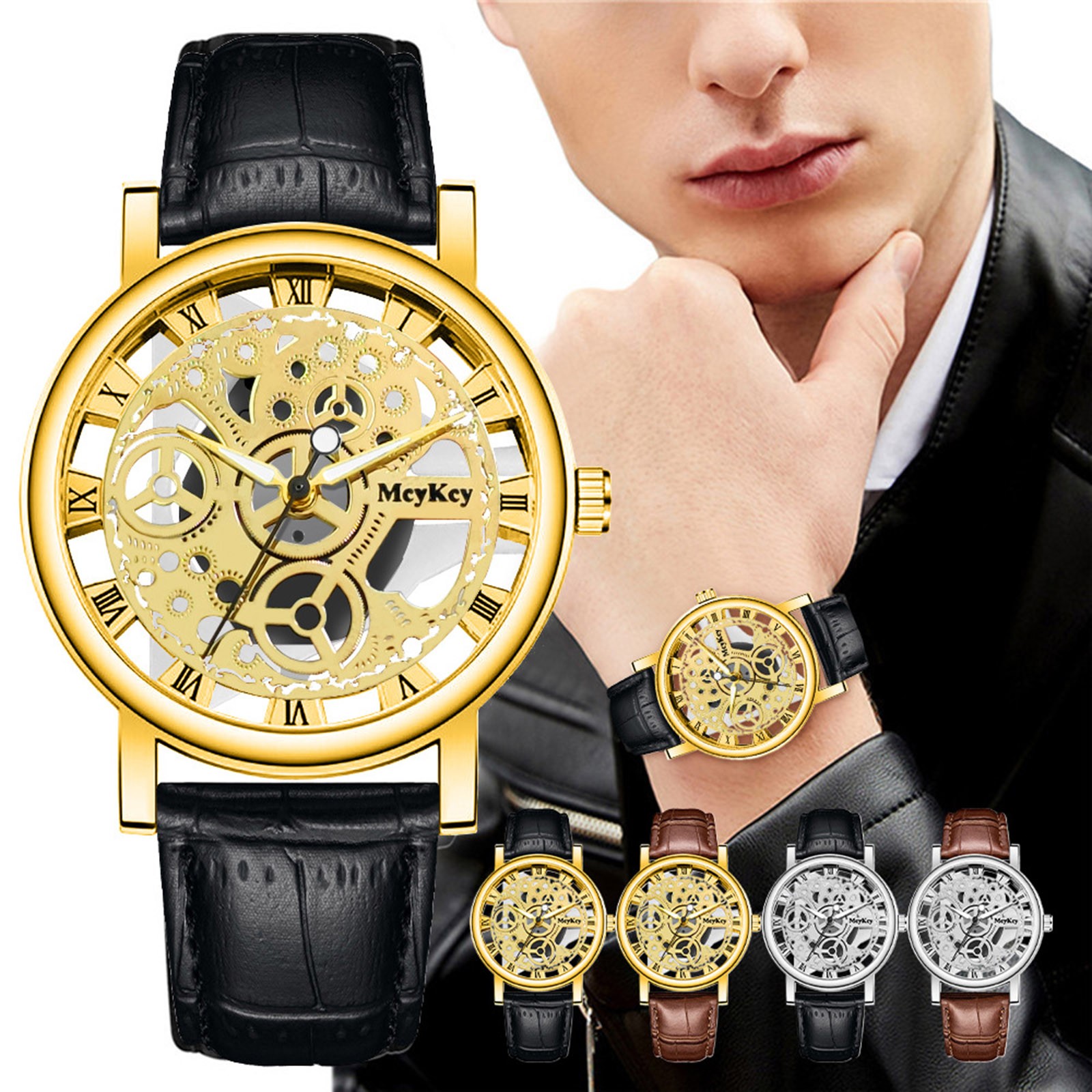 Doanh nhân nam thời trang sang trọng Gents Đồng hồ thạch anh người đàn ông dưới rỗng giả đồng hồ cơ người đàn ông Đồng hồ đeo tay Womens dây co giãn đồng hồ