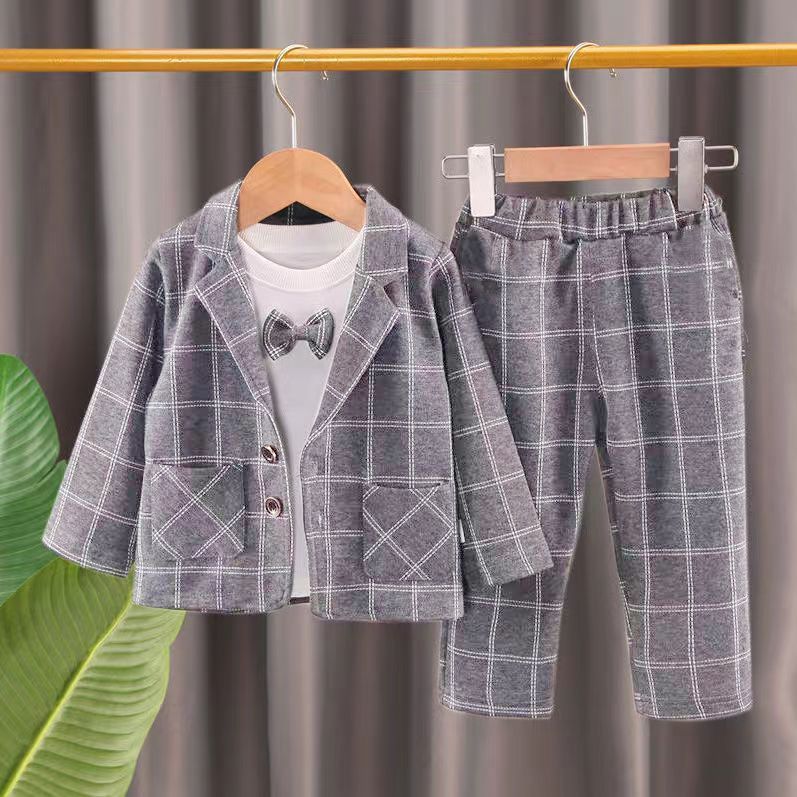 Bộ ba món tay dài mới mùa xuân và mùa thu, bộ đồ trẻ em, bộ đồ kẻ sọc cho trẻ nhỏ, trang phục biểu diễn thường ngày, bộ đồ đàn piano, trang phục chủ trì