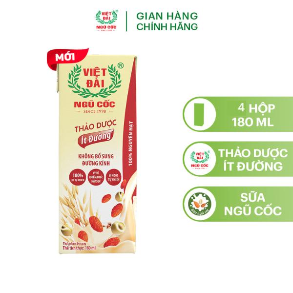 Lốc 4 Hộp Sữa Thảo Dược Ít Đường VIỆT ĐÀI Không Bổ Sung Đường Kính 180ml