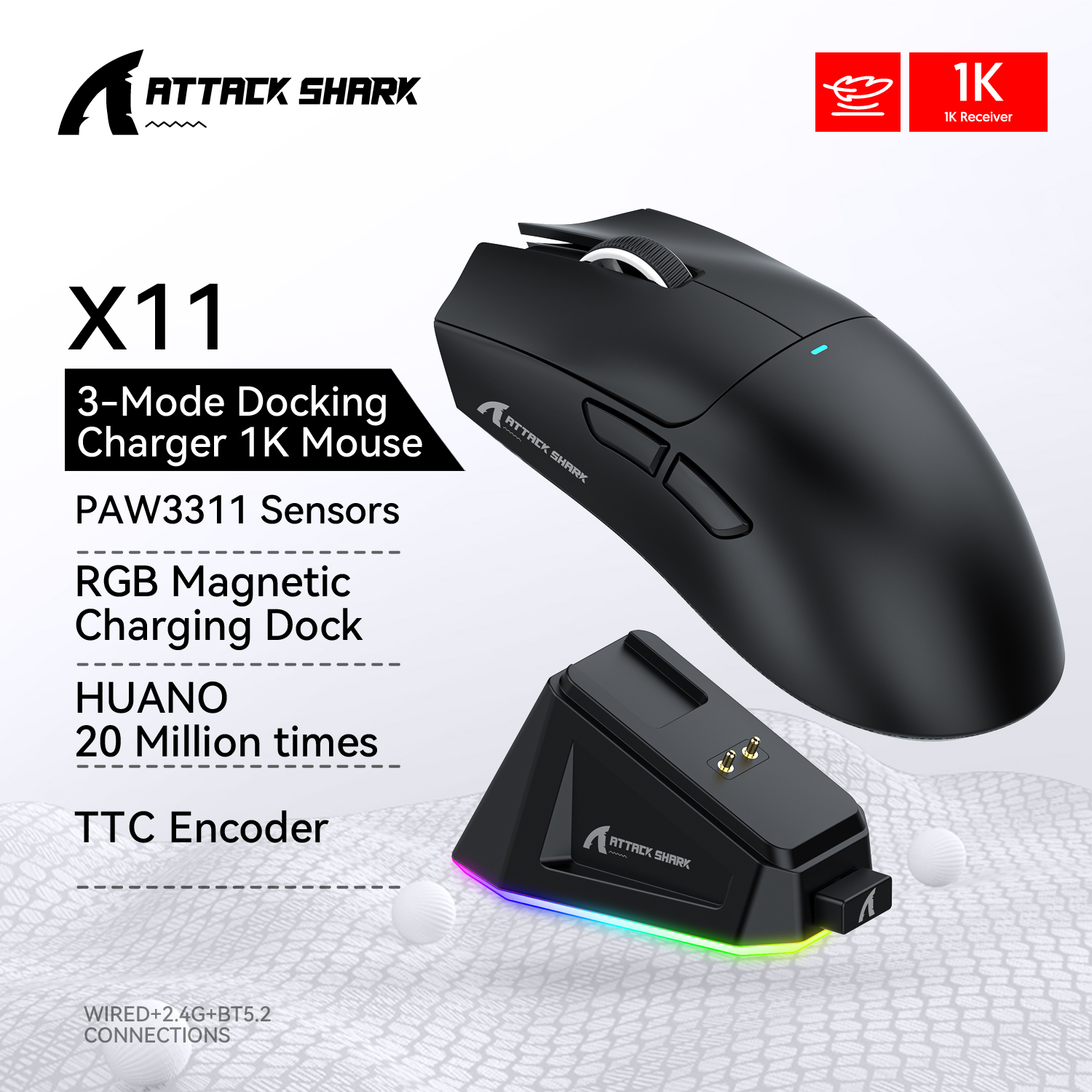 Chuột Bluetooth Attack Shark X11 PAW3311 Kết nối ba chế độ Đế sạc từ tính RGB Touch Chuột chơi game 