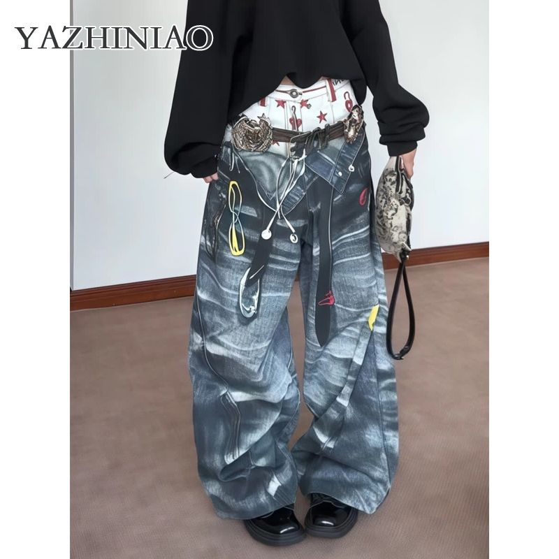 Quần ống rộng in vải bông chéo hoài cổ với các chi tiết vá và dây rút eo cho diện mạo thời trang dạo phố