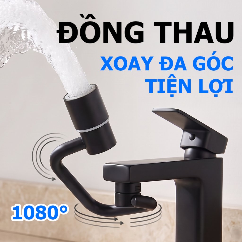 Đầu Vòi Nối Nước Thông Minh 1080 Độ Xoay Gập Gọn Tiết Kiệm Không Gian - Vòi Tăng Áp Chậu Rửa Mặt Bằng Đồng Thau Đúc Màu Đen Cao Cấp 2 Chế Độ Nước Cho Bồn Rửa Chén Và Lavabo