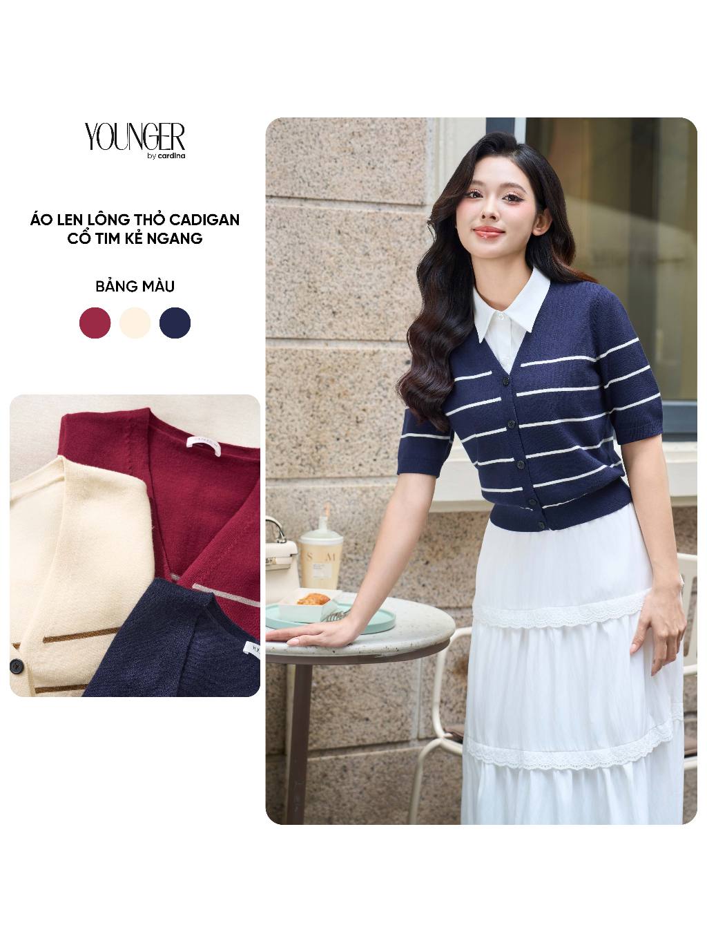 Áo len nữ YOUNGER BY CARDINA chất liệu len lông thỏ cổ tim kẻ ngang 5YALD04