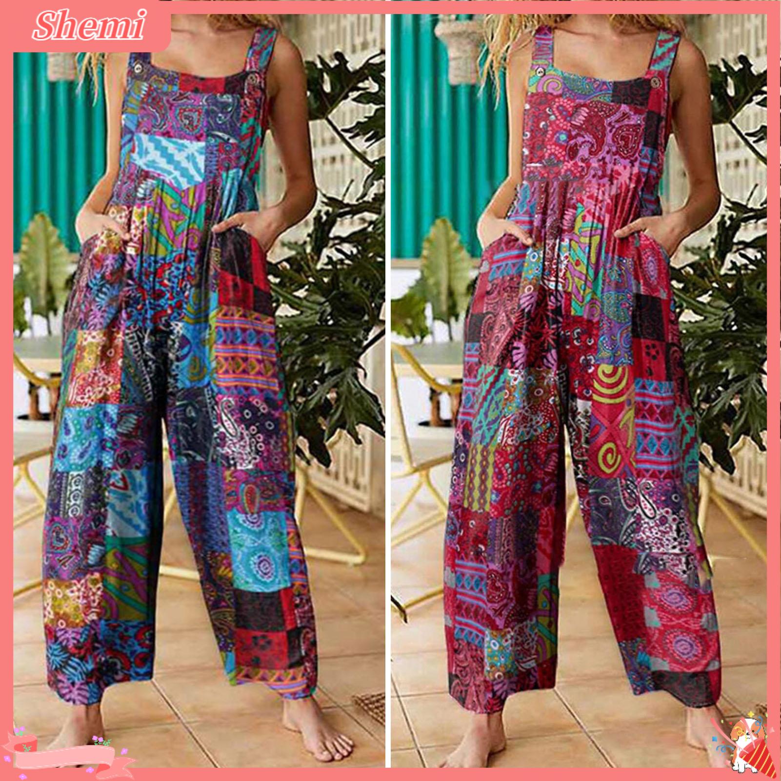 Shemi Phụ Nữ Dây đeo điều chỉnh được Jumpsuit phong cách dân tộc Jumpsuit không tay Với Quần Legging rộng Và Túi tranh đa màu váy yếm Cho Phụ Nữ dây vai điều chỉnh được Thời Trang