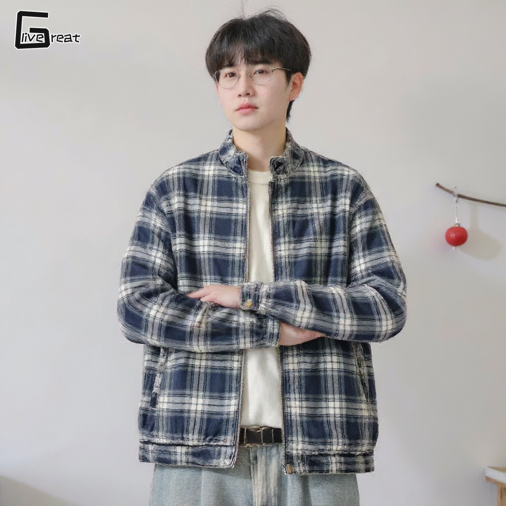 American double-sided high street Harrington short coat men's lapel classic jacket ruffian handsome plaid top