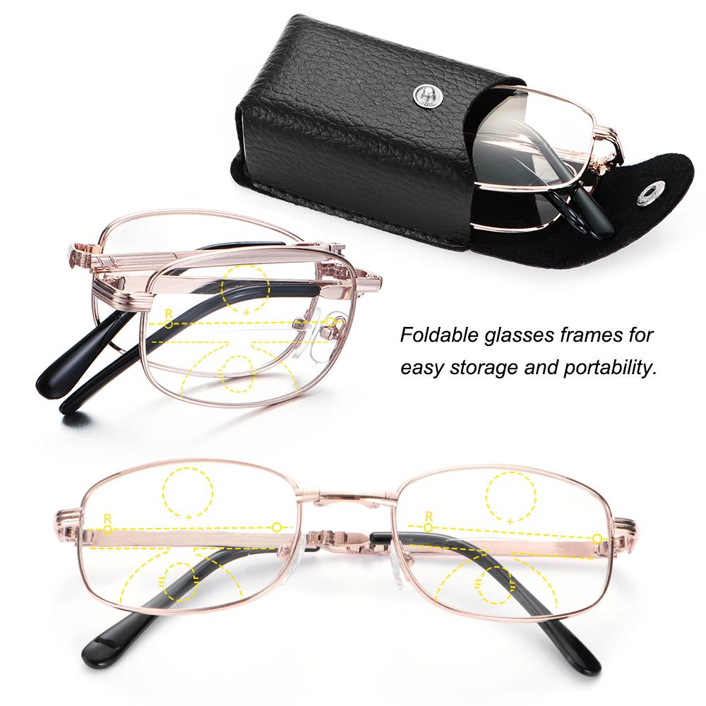 แว่นตาสำหรับทุกเพศ,แว่นอ่านหนังสือโลหะพับได้เลนส์หลายระยะ + 1.00 ~ + 4.00องศาแว่นสายตายาวพร้อมเคสใส่แว่นตา