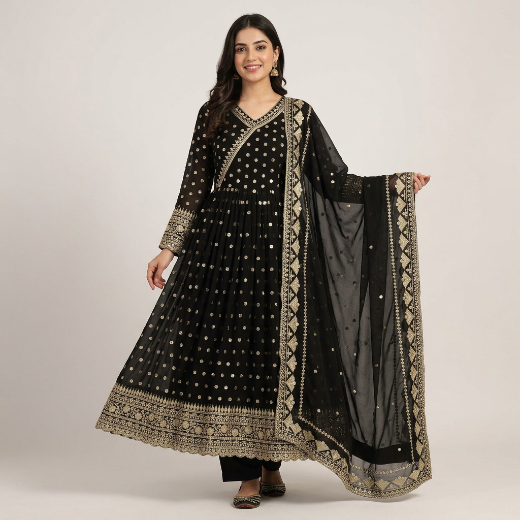 Embroidered Dress -- Stitched Heavy Embroidery Long Maxi -- Chiffon Dresses -- Border And Neck Embroidery Handwork Long Maxi -- Ful Emb Dupatta 3Pcs -- Women & Girls