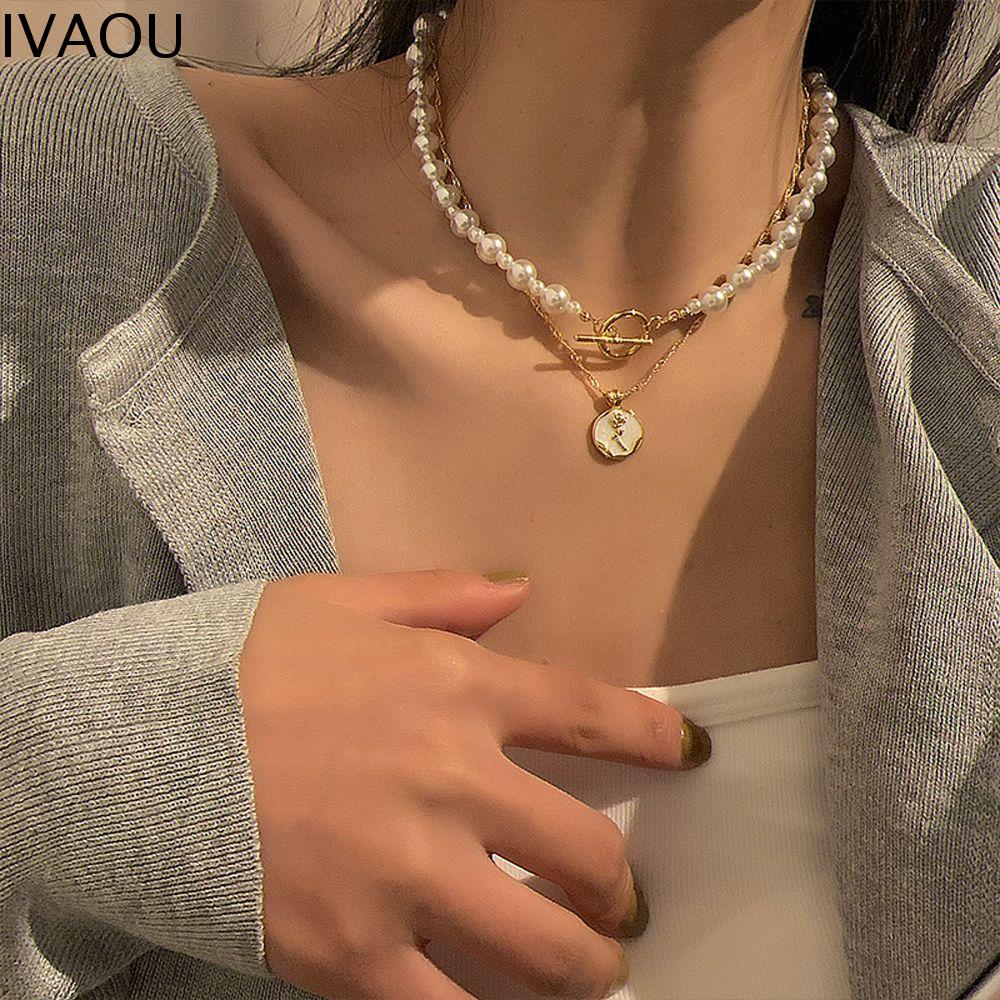 IVAOU Thanh lịch Cổ điển Nữ Đồ trang sức Quà Tặng Rose Hoa dây chuyền Vòng Cổ Chuỗi xương đòn Ngọc Trai Choker Phụ nữ Vòng Cổ