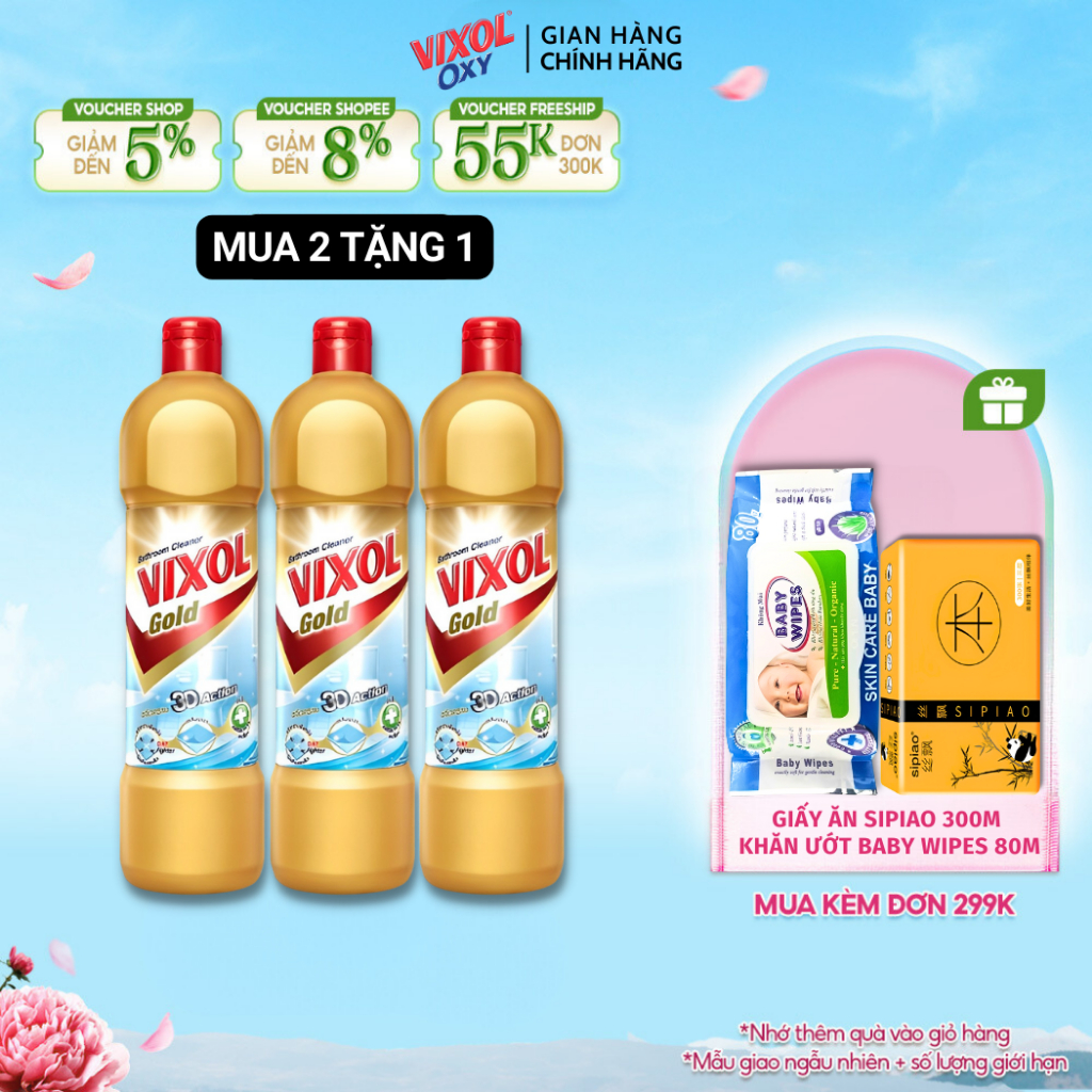 Combo tẩy bồn cầu vixol nước tẩy rửa nhà vệ sinh toilet mua 2 tặng 1 thái lan 900ml