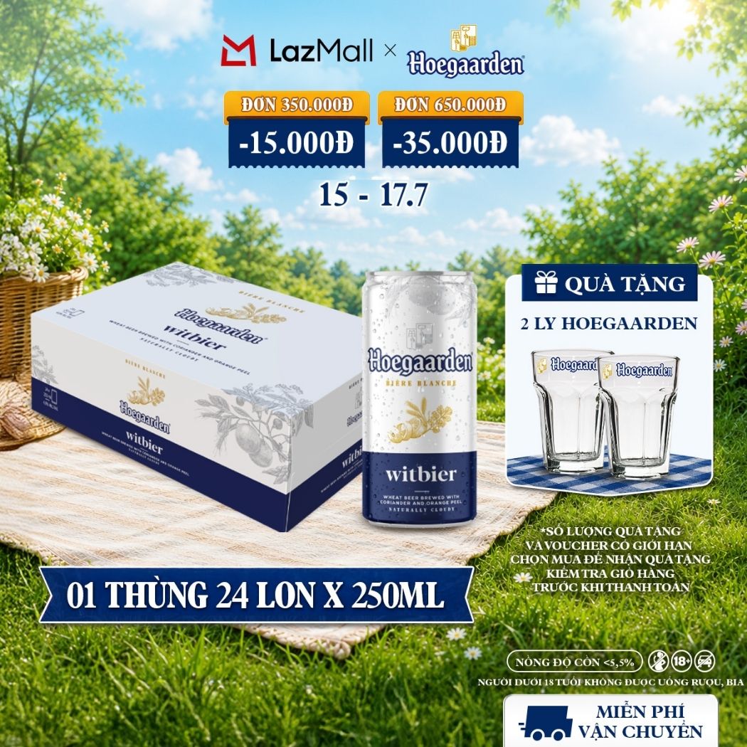 Thùng 24 Lon Bia Hoegaarden White - Bia Bỉ Chính Hiệu Lúa Mỳ (250ml/lon)