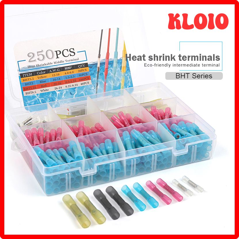 [Kloio] Kit de conectores A TOPE termorretráctiles, sello không thấm nước, empalme de Cable eléctrico, terminales de crimpado, 50/100/250 unids/Lote por caja