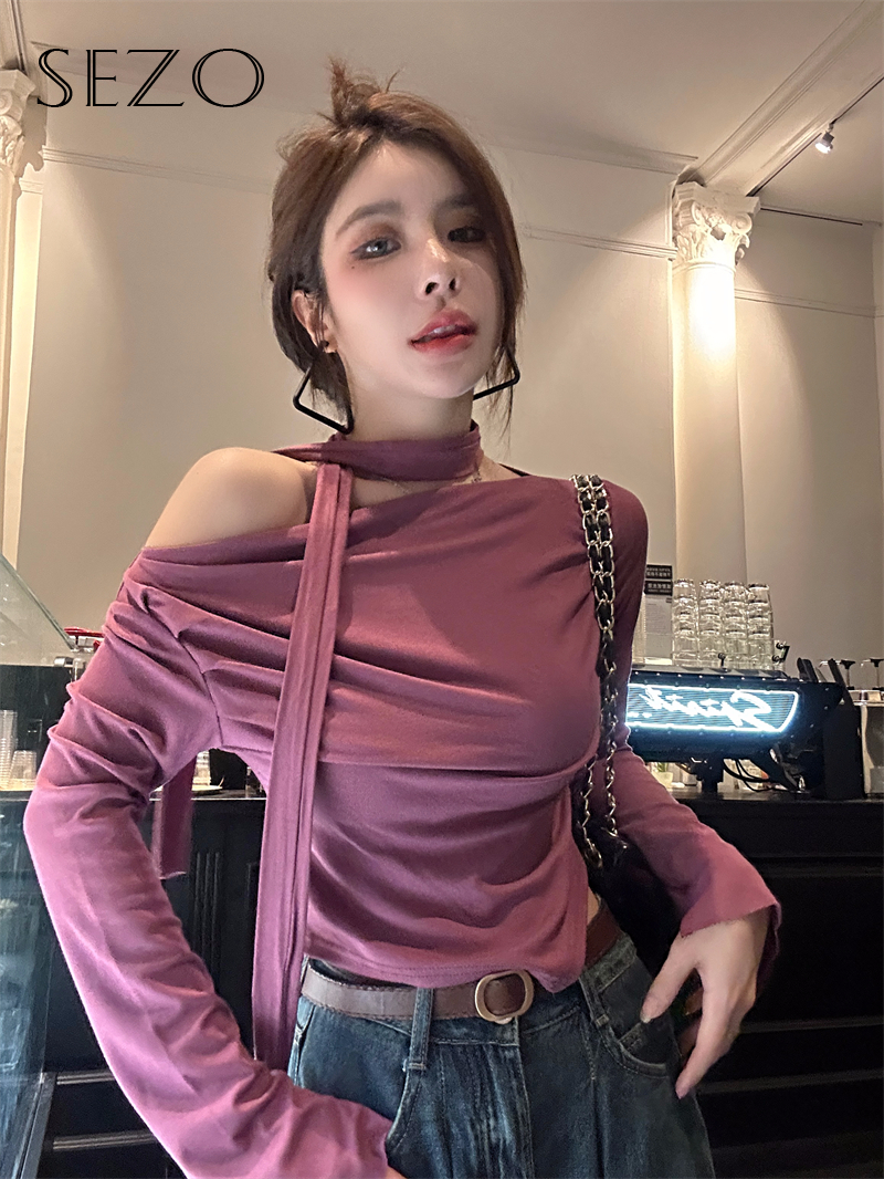 vb Sezo Phụ Nữ Hàn Quốc Của Quần Áo Y2K hở vai dài tay T-Shirt Với Streamer Cổ Top 1128