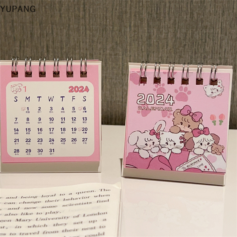 YUPANG 2024 phim hoạt hình mèo hồng bàn lịch mini dễ thương đứng lật Máy tính để bàn lịch nhỏ lập kế hoạch hàng ngày lịch hàng tháng cho nhà