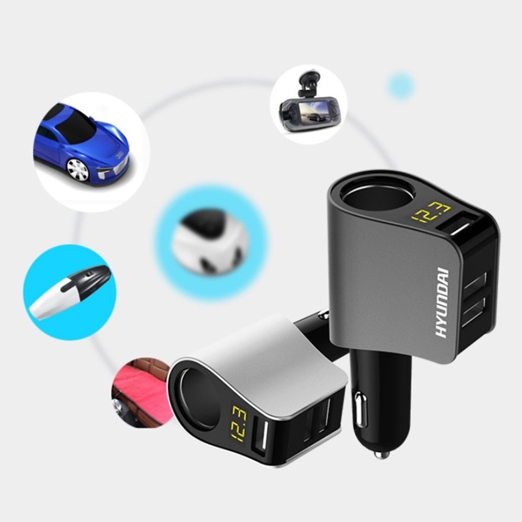 Tẩu sạc oto, tẩu sạc xe hơi hyundai 3 cổng USB có màn hình hiển thị điện áp và một lỗ tẩu - SEVEM.CAR