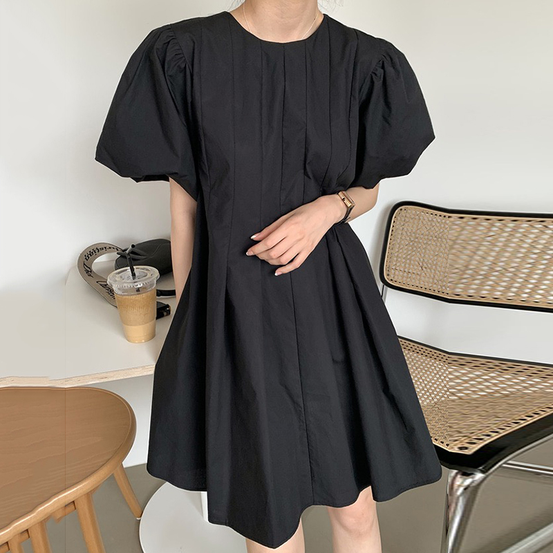 Hàn Quốc Chic Đơn Giản Màu Cam Trắng Cổ Tròn Xếp Nếp Thiết Kế Dáng Suông Rộng, Nhỏ, Tay Bồng Đầm Váy Ngắn Nữ