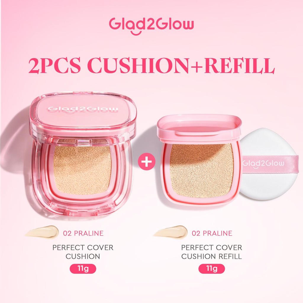 2pcs Cushion + Refill Glad2Glow 2in1 Perfect cover cushion + refill combo dengan kandungan skinca...