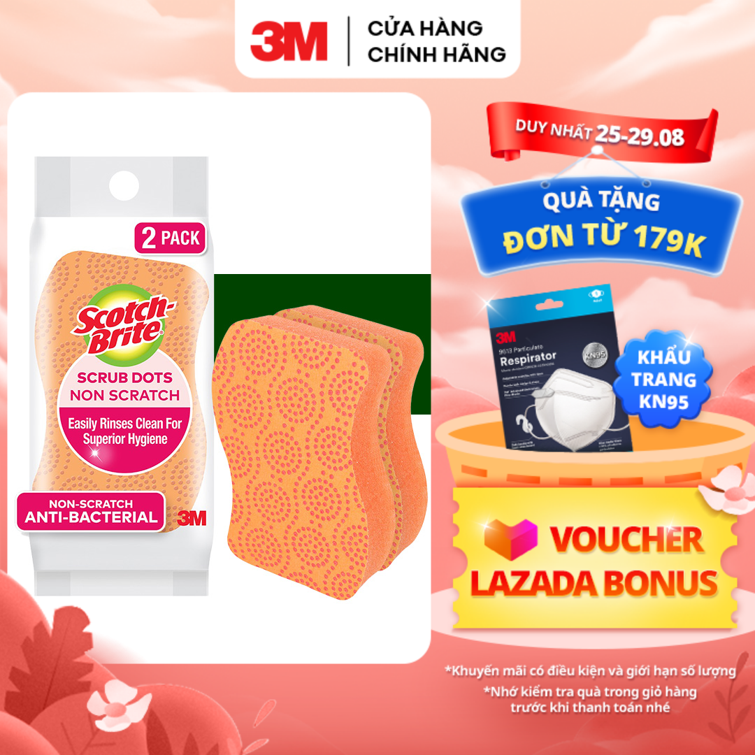 Miếng rửa chén hạt nổi 3M™ Scotch-Brite®, siêu sạch, chống trầy, gói 2 miếng, xanh/cam, Làm sạch các vết bẩn cứng đầu