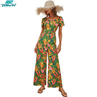 Áo liền quần nữ dài in hoa eo cao ngắn tay bó sát Ống Suông Jumpsuit