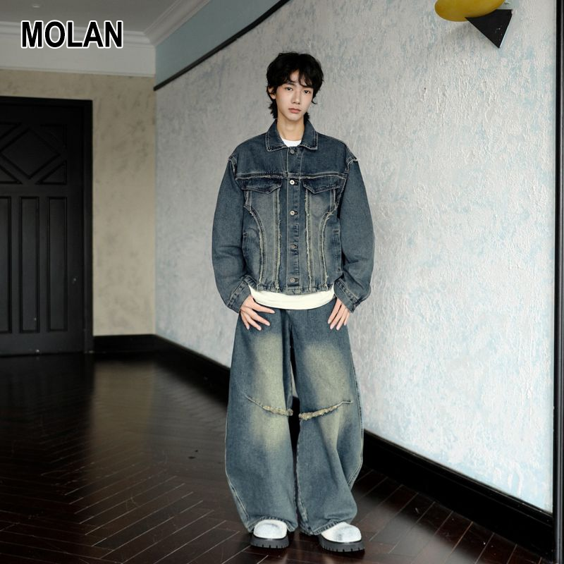 Đường phố Mỹ denim phù hợp với nam nữ lỏng đau khổ Thiết kế khâu đường phố xu hướng phong cách áo khoác denim quần denim