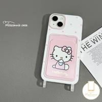 MissConnie Creative Dual Tether Wallet Card Slot Case Compatible for IPhone 16 11 13 15 14 12 Pro Max 7Plus XR X XS Max 8 6S 7 6 15 Plus SE 2020 Cartoon Hello Kitty Pink Cover