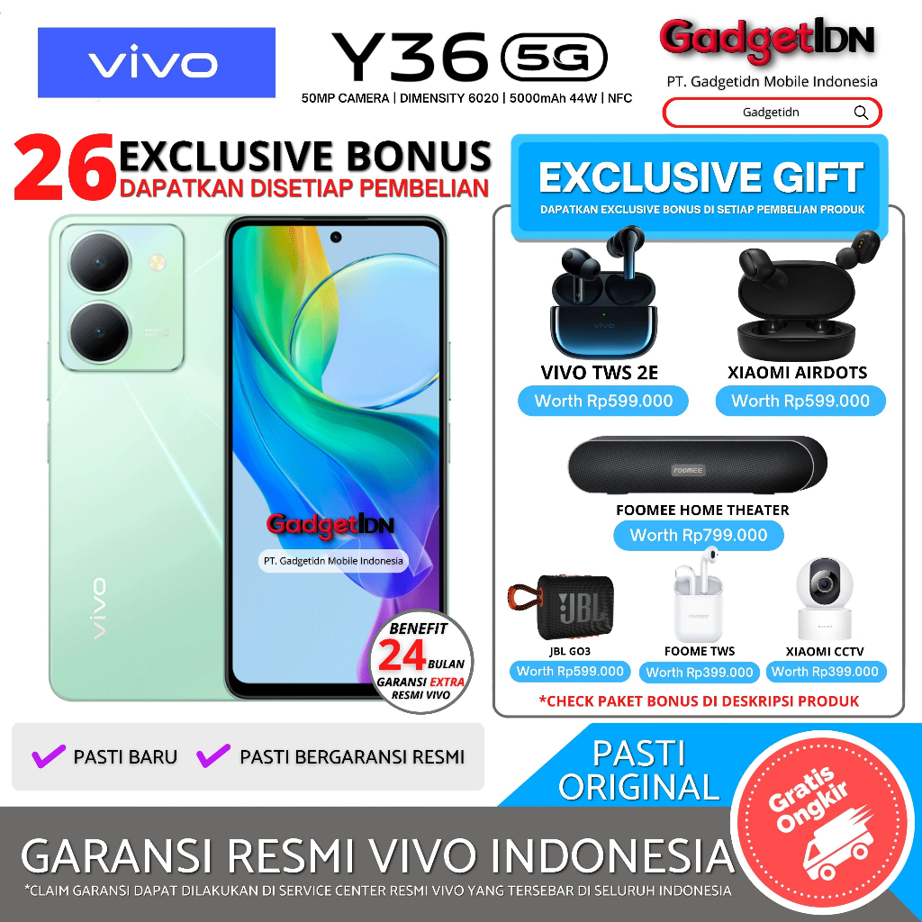 VIVO Y36 5G NFC 8/256GB ( +8GB Extended Ram ) Garansi Resmi Vivo Giá 3,399,000 Đồng*Miễn phí vận chuyển