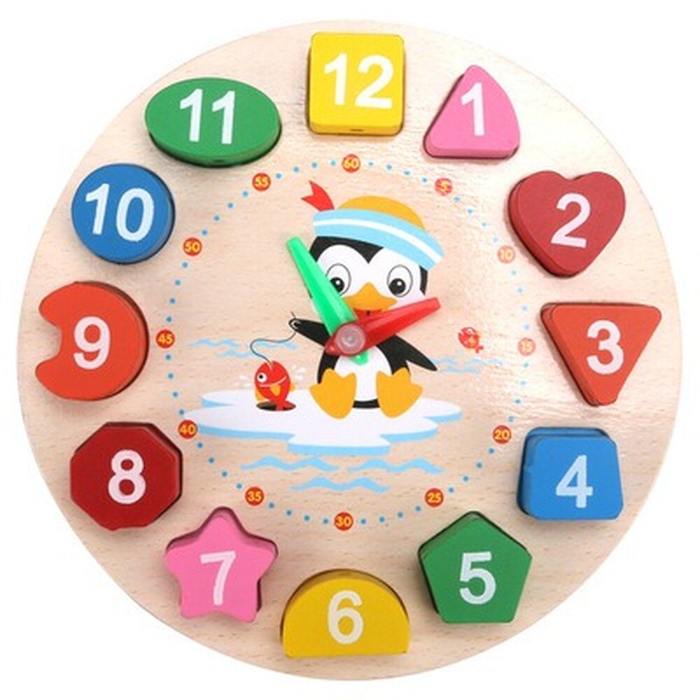 Wooden Clock Puzzle Cartoon Animal Shape Tangram Cognitive Digital Clock Kids Early Educational Threading Assembly Toys