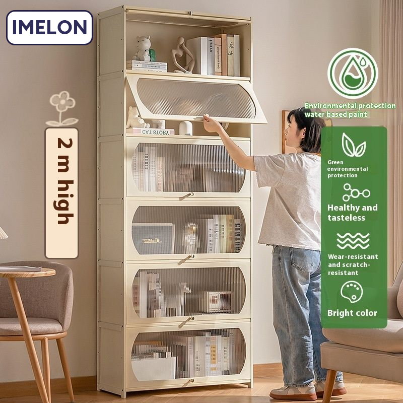 IMELON Tủ Sách Tre Hiện Đại, Kích Thước 80x32x40cm, Cửa Kính Cong, Màu Kem Trắng Phù Hợp Nhà Ở & Văn Phòng