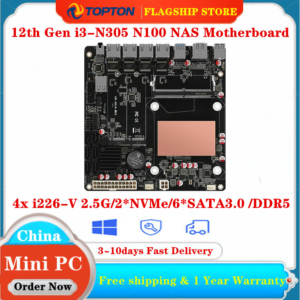 12th Gen 4x i226-V 2.5G Intel i3-N305 N100 NAS Motherboard 6-Bay 2*NVMe 6*SATA3.0 DDR5 PCIex1 Type-C Mini ITX Router Mainboard - ยี่ห้อ OEM ราคา 9,708 บาท*ส่งฟรี