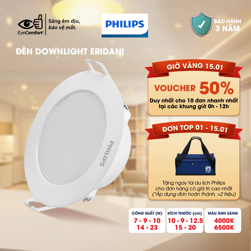 Đèn LED âm trần PHILIPS Eridani hiệu suất ánh sáng cao - Công suất 7W 9W 10W 14W. 23W