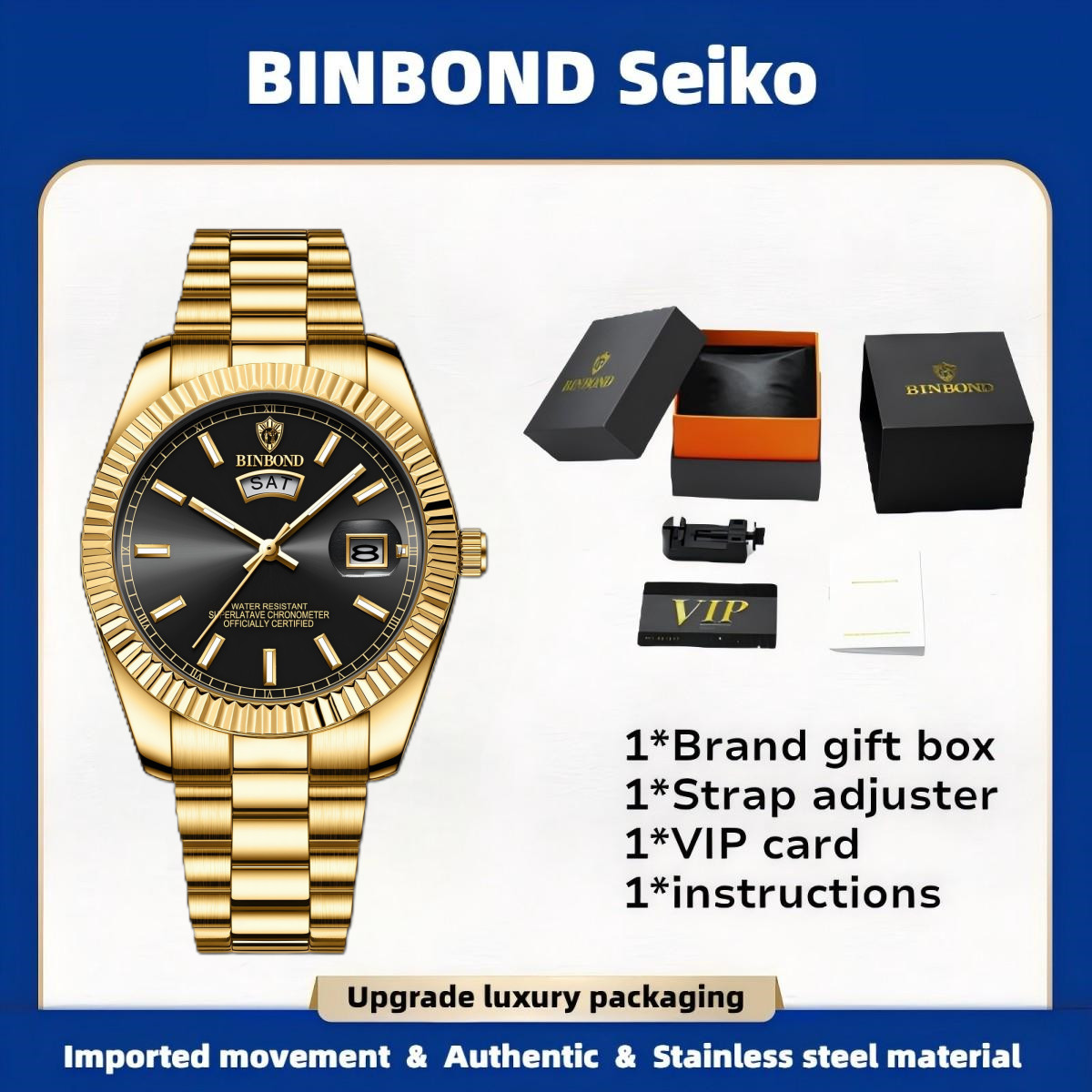 Binbond đồng hồ mới người đàn ông đai thép thường nhật Chống Thấm Nước cổ điển lịch đôi sáng đồng hồ nam đơn giản và cảm xúc