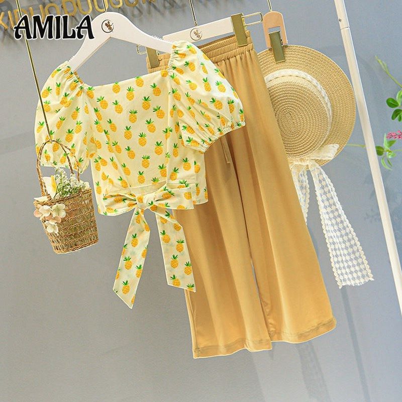 AMILA Summer Girl's Clothing, Girl Pineapple Printed Short-Sleeved Top and Pants Suit ราคา 237 บาท*ส่งฟรี