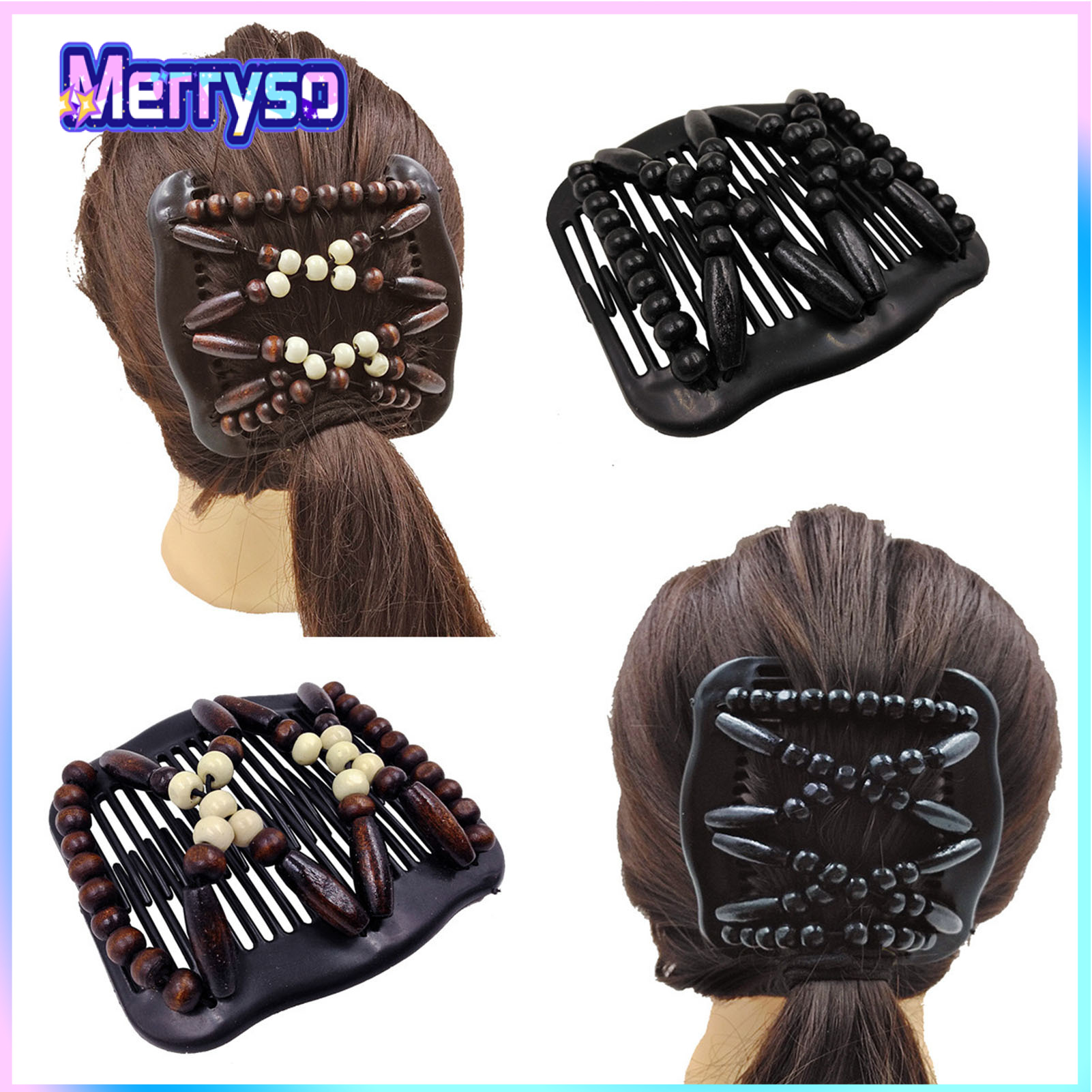 1/4Pcs Women Wooden Beaded Hair Combs Handmade Stretch Double Side Clips Salon Combs Bun Maker Hair Accessories ราคา 101 บาท*ส่งฟรี