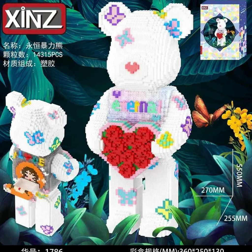 Lego lego 3d bearbrick eternal gấu ôm tim hoa cỡ lớn kích thước 55cm hàng chuẩn hãng xinz tặng kèm búa và đèn