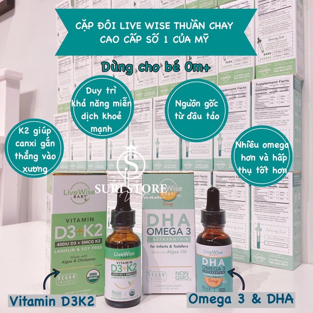 Vitamin LiveWise D3 + K2 Organic Livewise Mỹ Dạng Giọt Cho Bé Từ Sơ Sinh