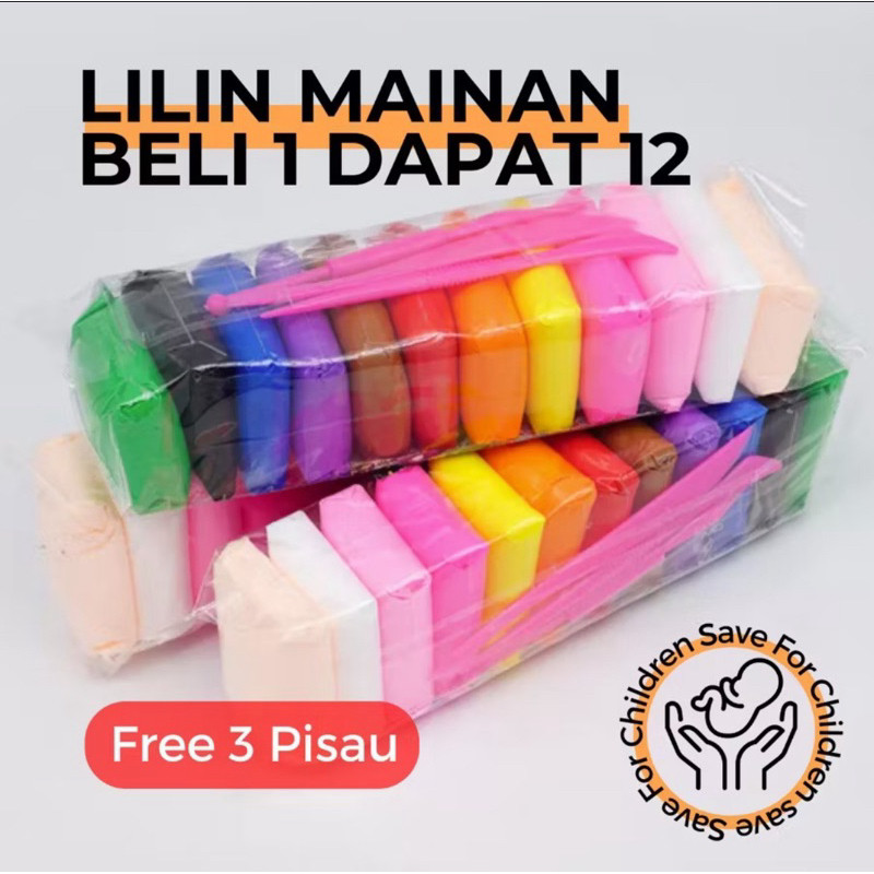 Clay Polymer / Lilin / Malam / 12 Set Warna Bonus Pisau Plastik Pembentuk Clay