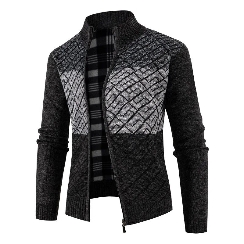 2023 New Men s Cardigan Stand Up Collar Color Block Sweater European and