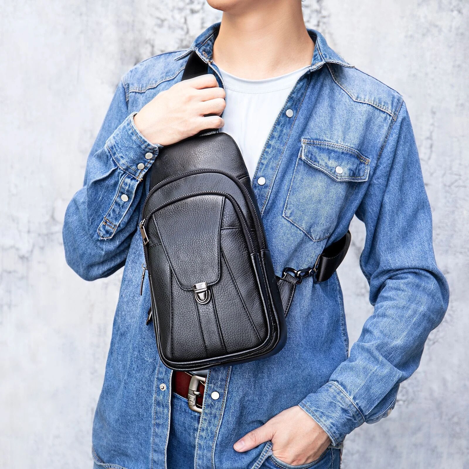 ZZOOI Crossbody Bag Men's Chest Bag 100% Genuine Leather Shoulder Bag Husband Messenger Bags Multifunctional Mobile Phone Bag's ราคา 1,356 บาท*ส่งฟรี