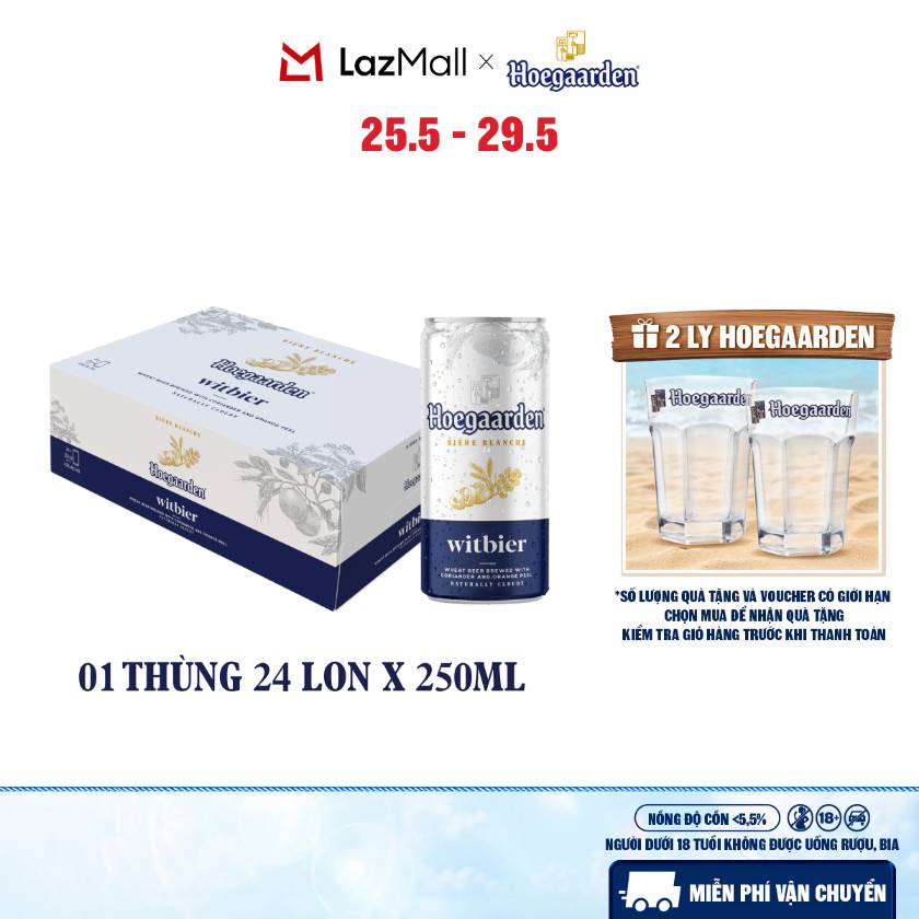 Thùng 24 Lon Bia Hoegaarden White - Bia Bỉ Chính Hiệu Lúa Mỳ (250ml/lon)