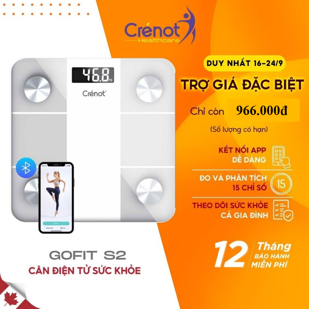 Cân điện tử sức khoẻ thông minh Crenot Gofit S2 đo 15 chỉ số cơ thể kết nối bluetooth phân tích lượn