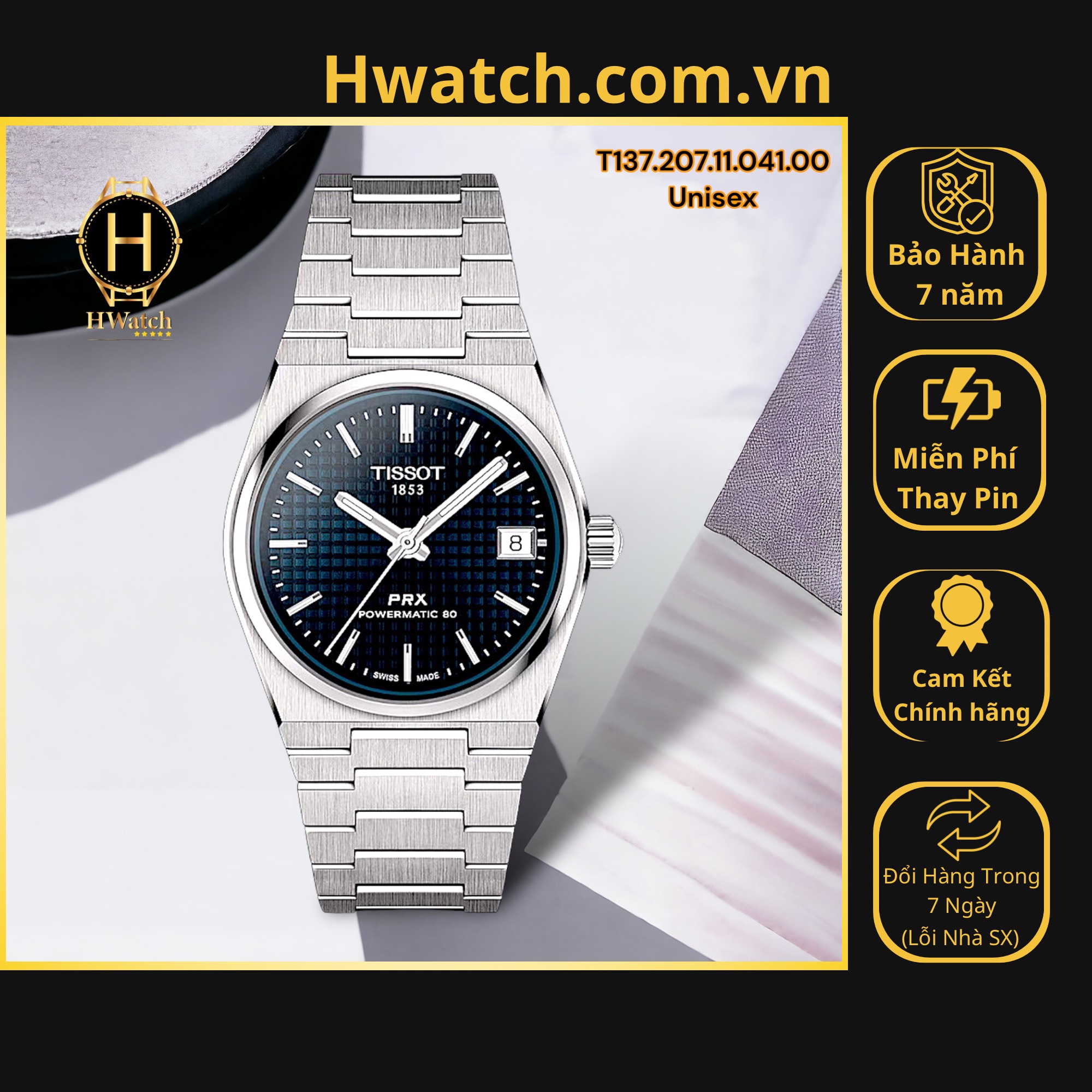 [Có sẵn] [Chính hãng] Đồng Hồ Unisex Tissot Automatic T137.207.11.041.00 PRX Powermatic 80 Blue Dial 35mm Hwatch.com.vn