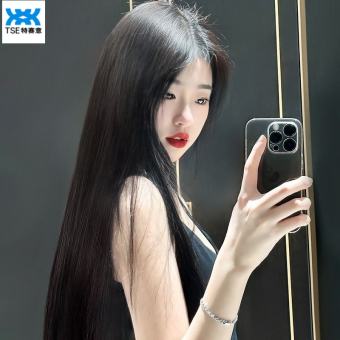 TSE Tóc Giả của phụ nữ tóc dài với tám điểm bangs ở giữa, dài thẳng đen tóc giả tóc bìa, tự nhiên Fluffy giả đầy đủ tóc thật kín đầu Bìa Kn-Gl9582