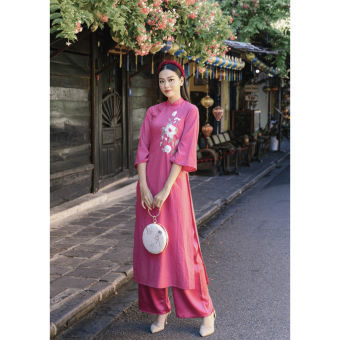 Áo Dài suông chất liệu linen tơ thêu hoa nổi - Hồng tím | Hà Cúc