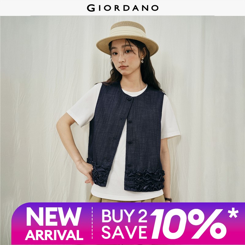 GIORDANO Women Vests Ruffle Panels Hem Washed Denim Vests Round Neck Sleeveless Fashionable Casual Vests 18376505 ราคา 2,379 บาท*ส่งฟรี